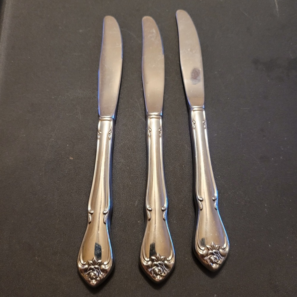 Vtg Lot of 3 Oneida USA TRUE/ARBOR ROSE Stainless‎ Dinner Table Knives Knife